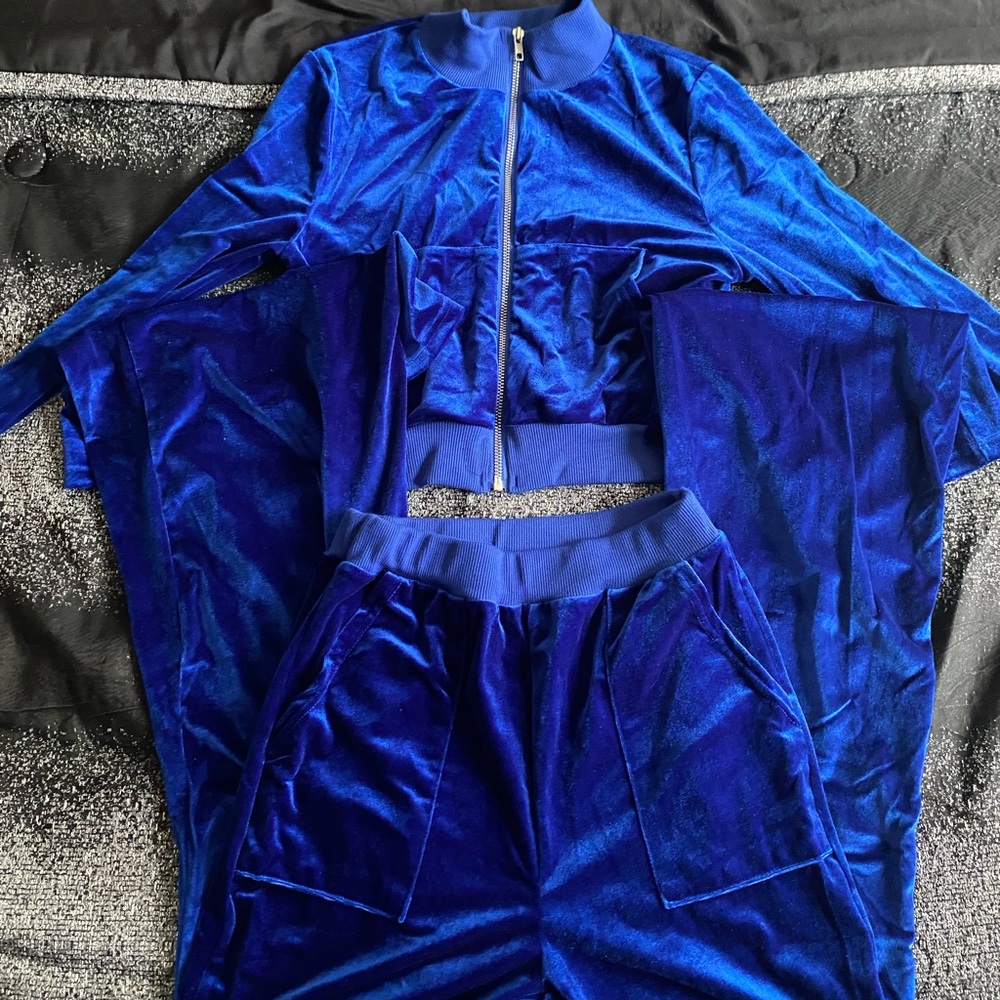 Sporty Velvet Solid Zipper 2 Piece Pant Sets